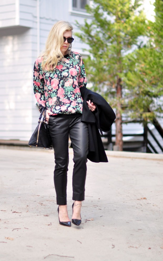 floral sweatshirt and leather pants