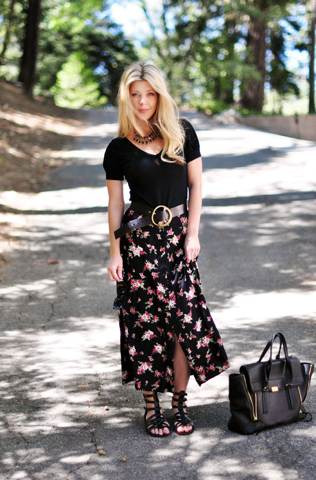 flower maxi skirt with button front-belt-gladiator sandals