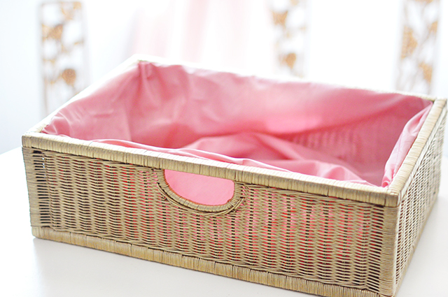 gold basket with pink fabric liner