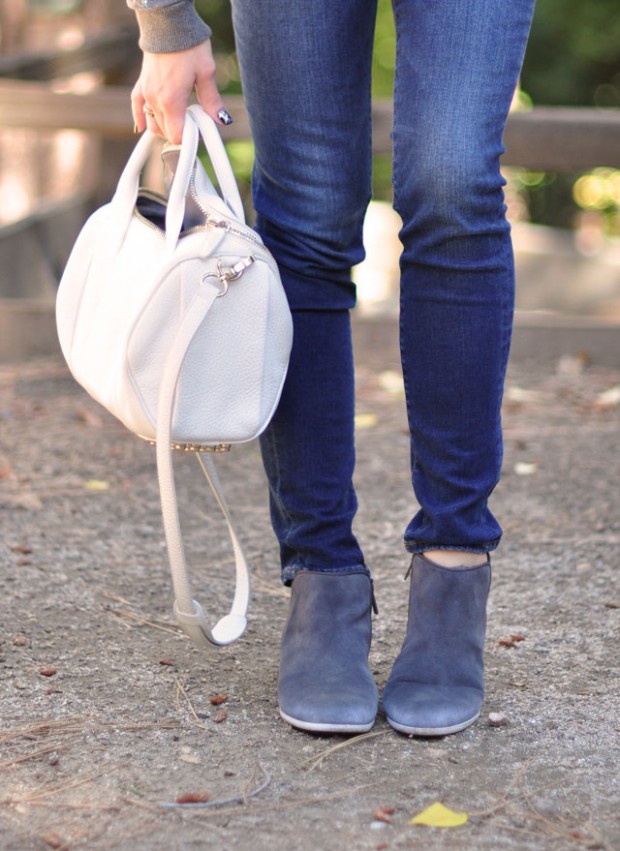 gray ankle boots-white wang bag