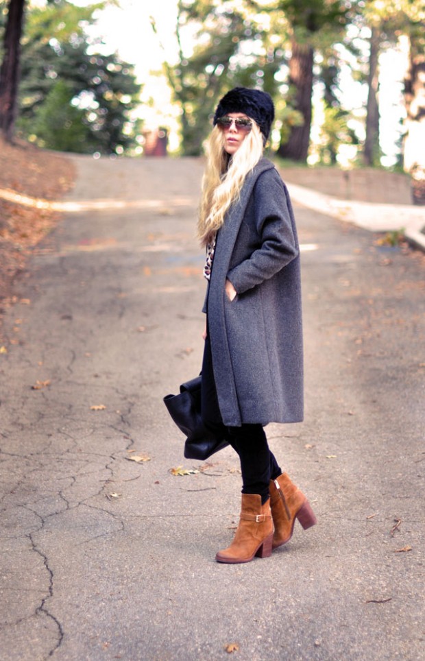 gray coat-black cords-brown boots