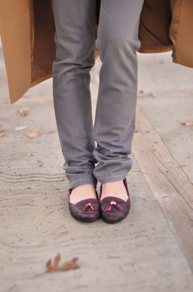 gray jeans-camel coat-burgunday loafers