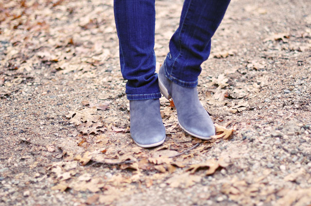 gray suede ankle boots and jeans