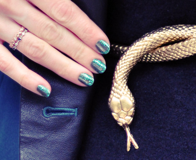 green textured nails -  gold snake belt