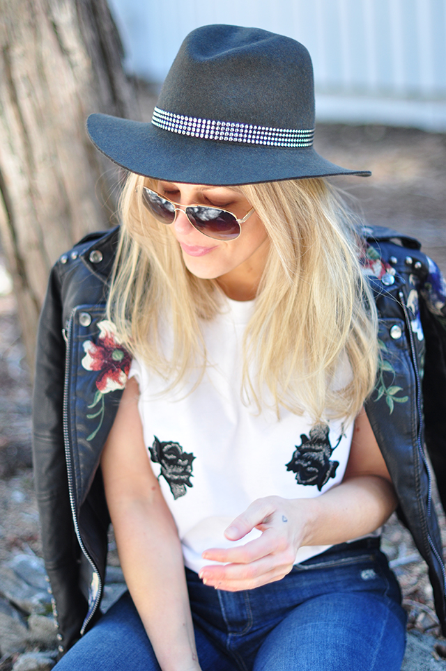 floral embroidered leather jacket + jeans and a t-shirt