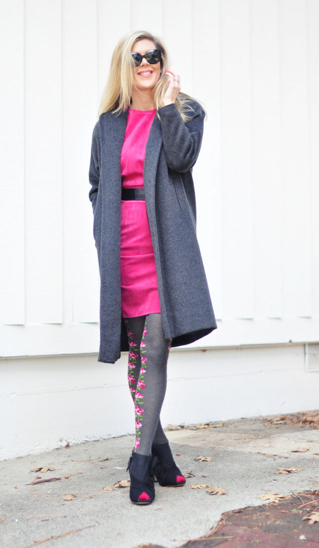 hot pink suede dress flower tights gray coat-1