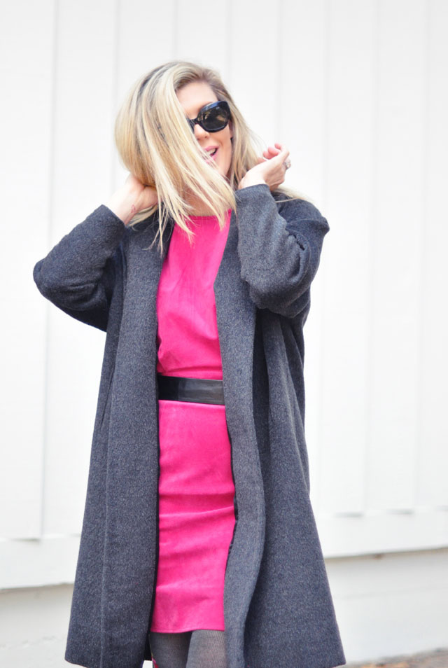 hot pink suede dress vintage gray coat-1