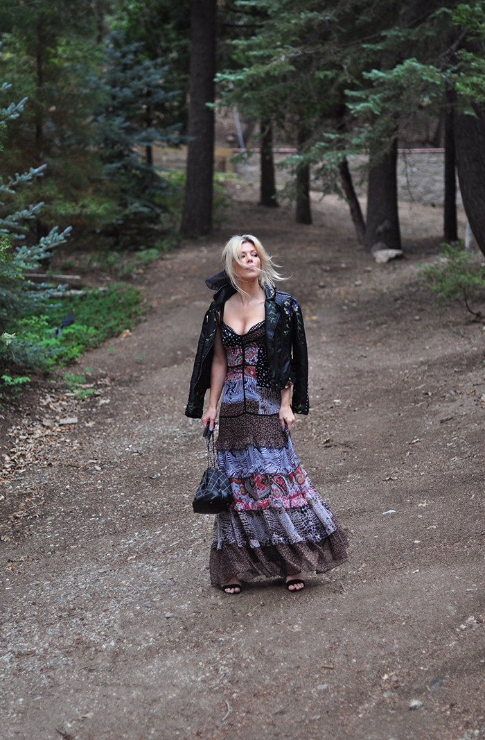 tiered max dress with floral embroidered leather jacket and chanel bag