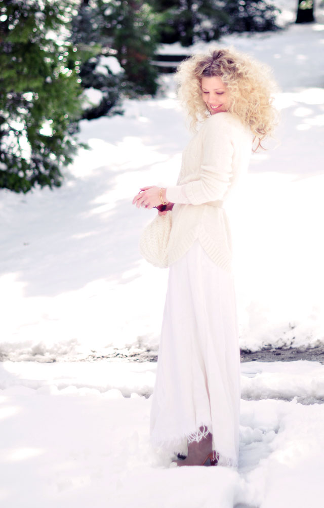 ivory and white and pink  in the snow-winter style-big hair