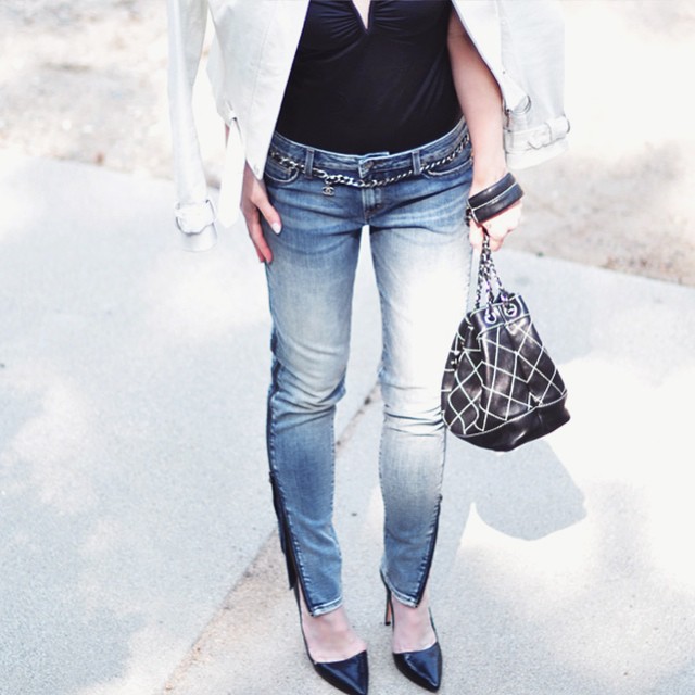 jeans and a bodysuit_vintage chanel bucket bag