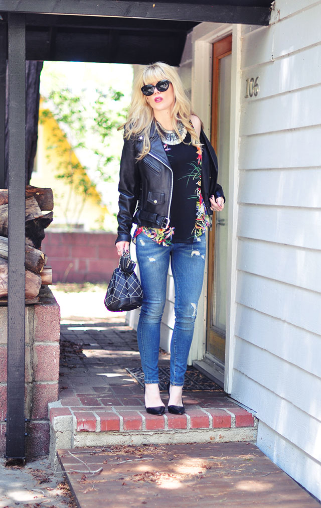 jeans and pumps+biker jacket+chanel bucket bag