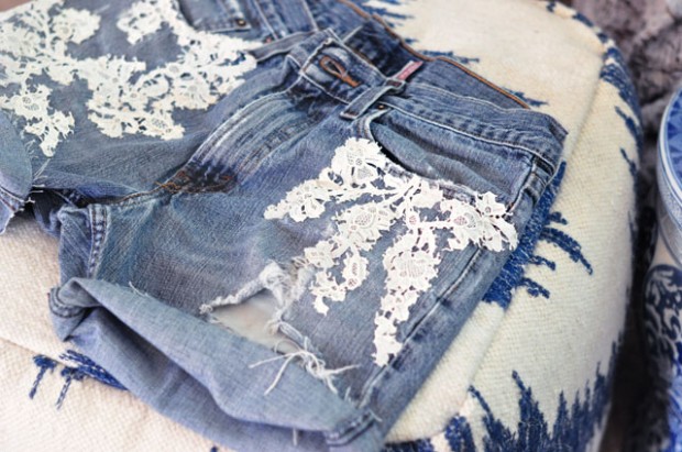 DIY Lace Jean Shorts // Vintage Lace Embroidered Denim Cut-Offs ...