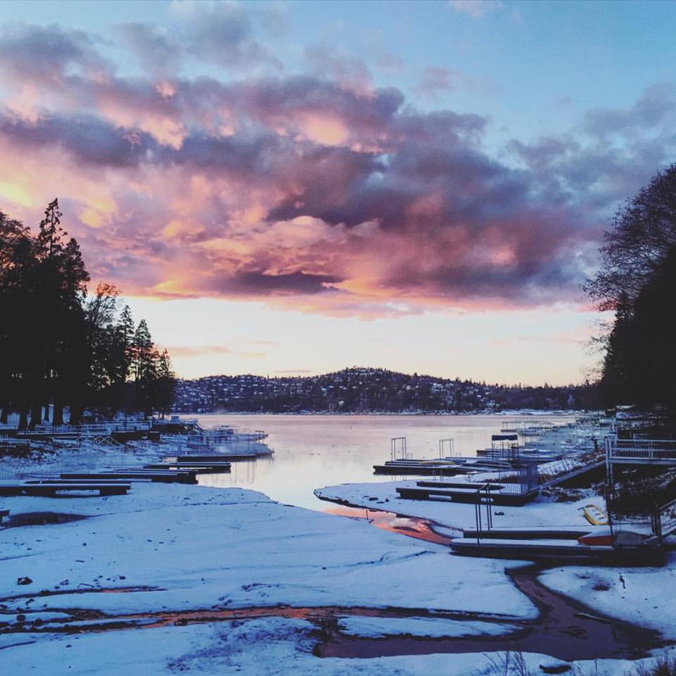 lake arrowhead sunset over the lake with snow