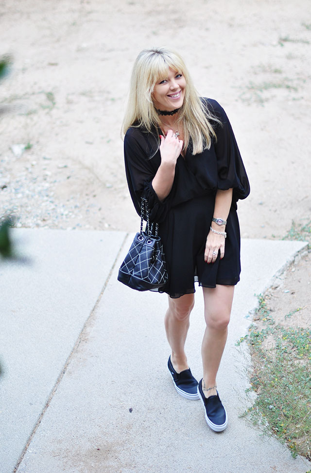 little black dress with sneakers