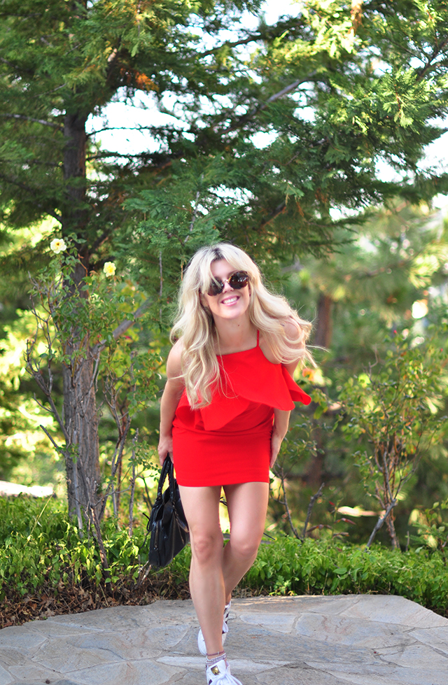 little red mini dress with a ruffle with sneakers