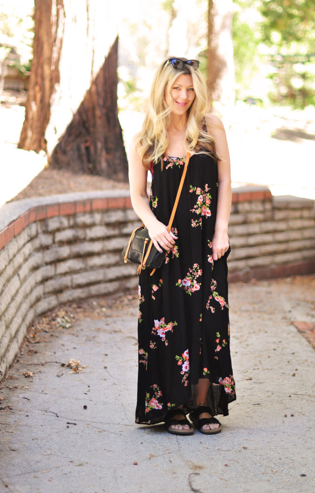 loose floral maxi with birkenstocks