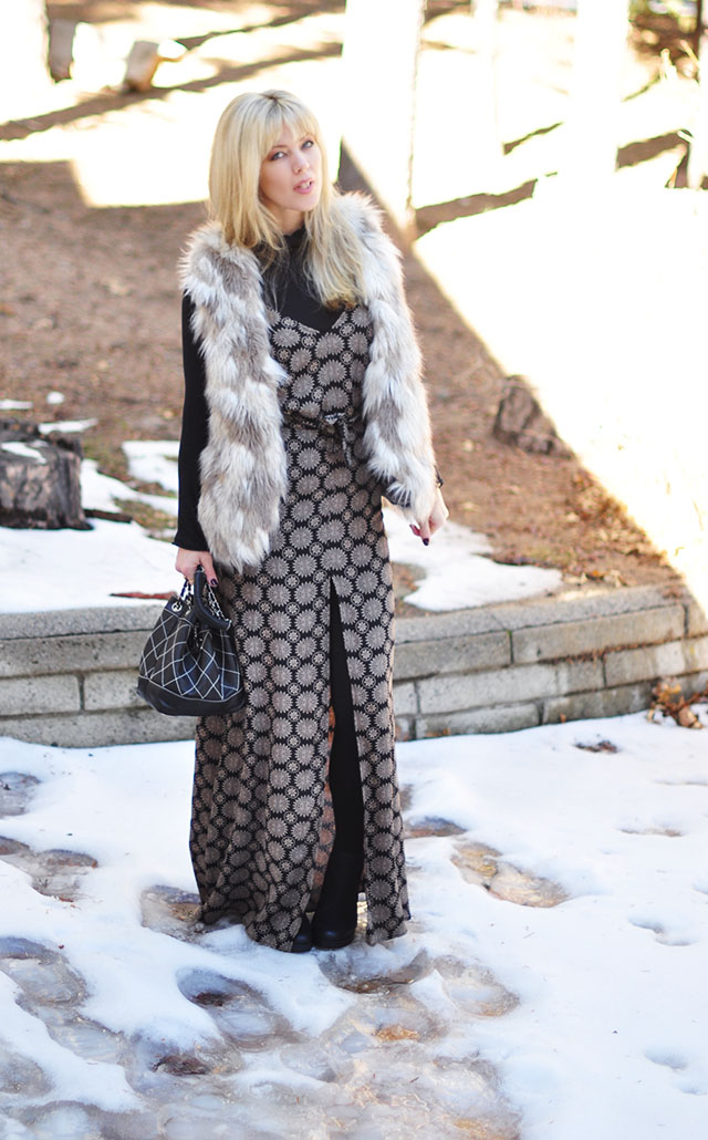 maxi dress-faux fur vest-in the snow