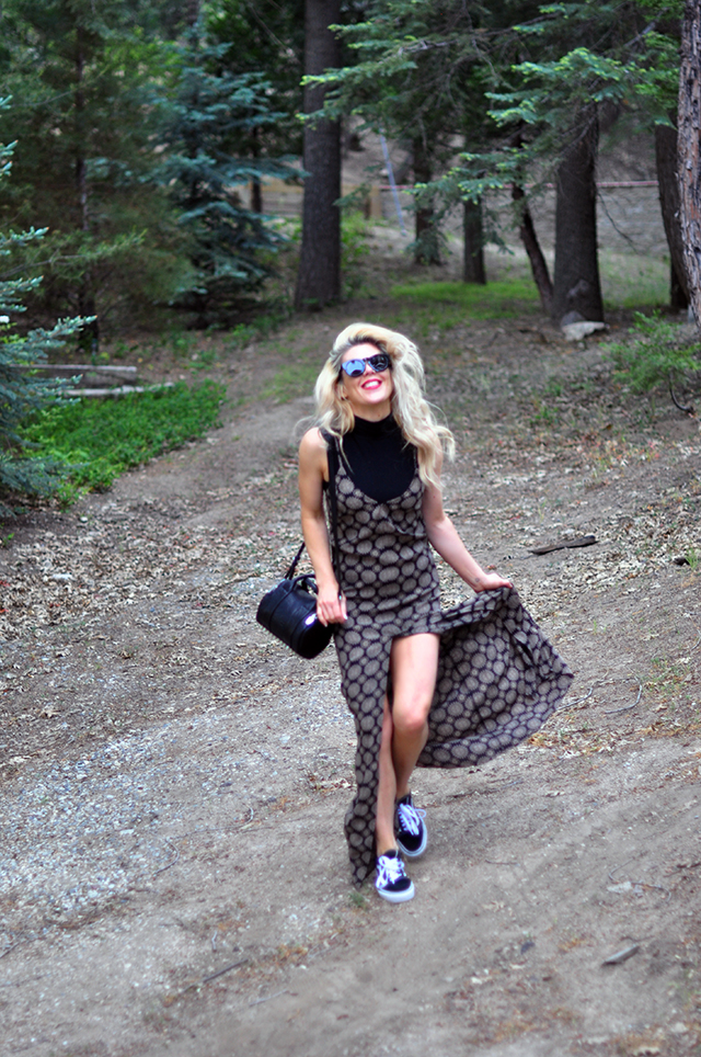 maxi dress layered over a crop tank tee with vans old skull sneakers - summer style