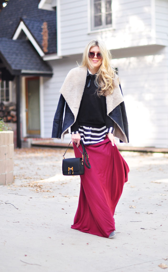 maxi skirt-stripes-shearling jacket