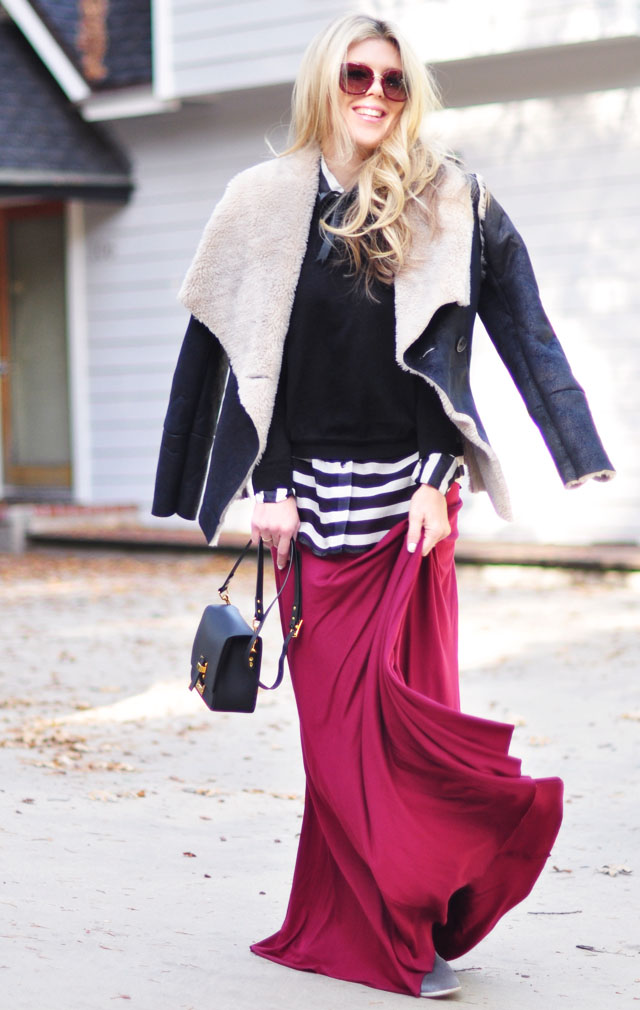 maxi skirt with shearling jacket