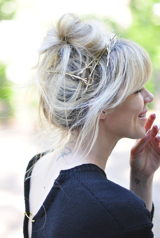 messy bun with bangs_ gold branch hair pins diy