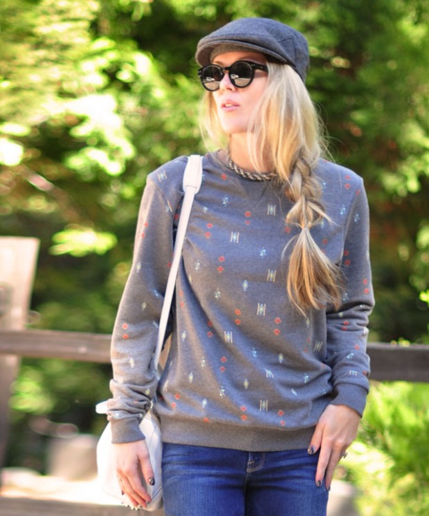 messy side braid-hat-sweatshirt-sunglasses