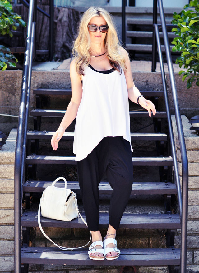 minimal assymetrical outfit-white birkenstocks