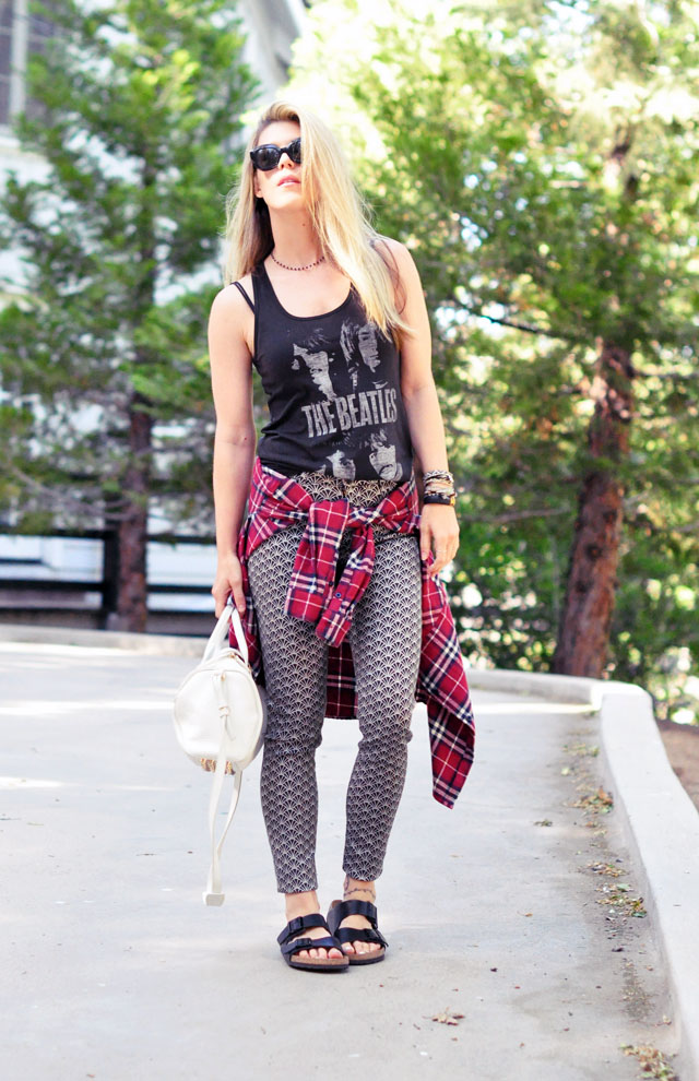 mixed prints-beatles tank-birkenstocks