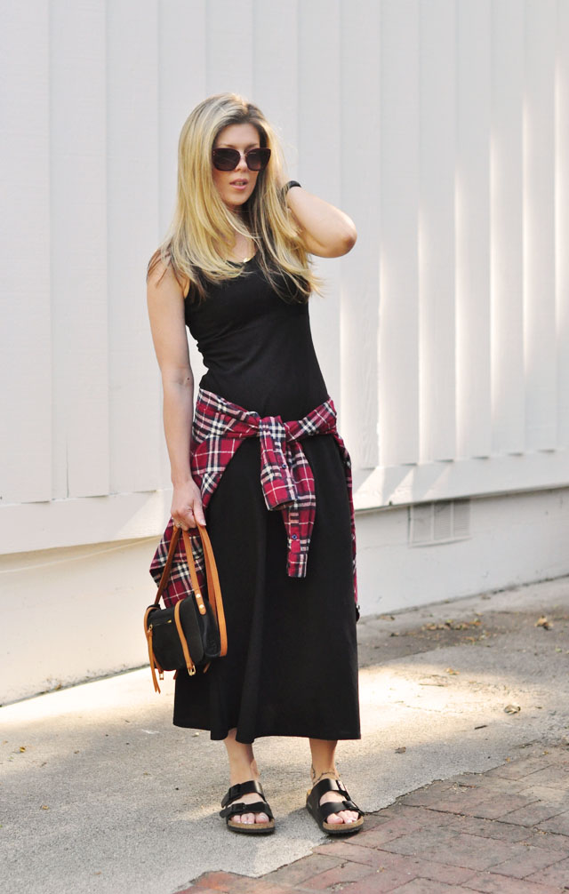 modern 90s-black maxi-plaid flannel-birkenstocks