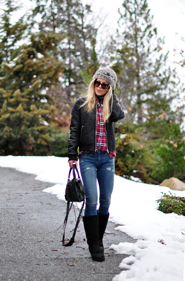 mountain look_plaid shirt_jeans_uggs_fur beanie