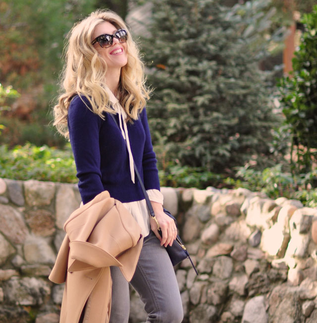 navy sweater-ivory blouse-gray jeans-camel coat