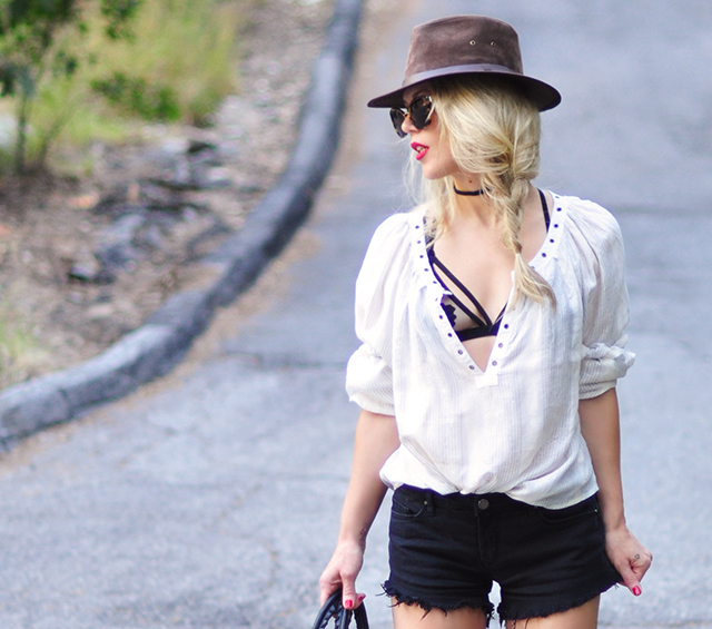 open blouse with strappy bra_cutoffs