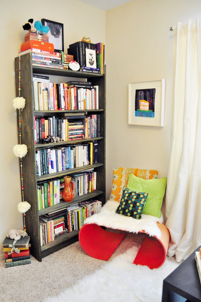 oto chair and bookshelves