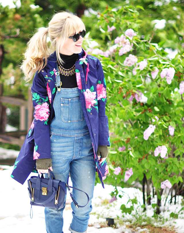 overalls in the snow_pashli mini bag_flower raincoat