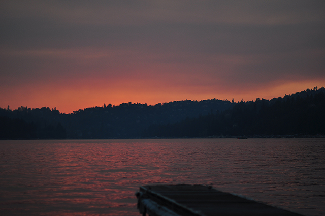 pink and purple summer sunset on lake arrowhead water