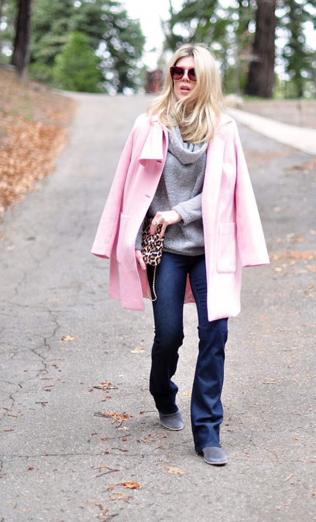 pink coat-gray sweater-boot cut jeans