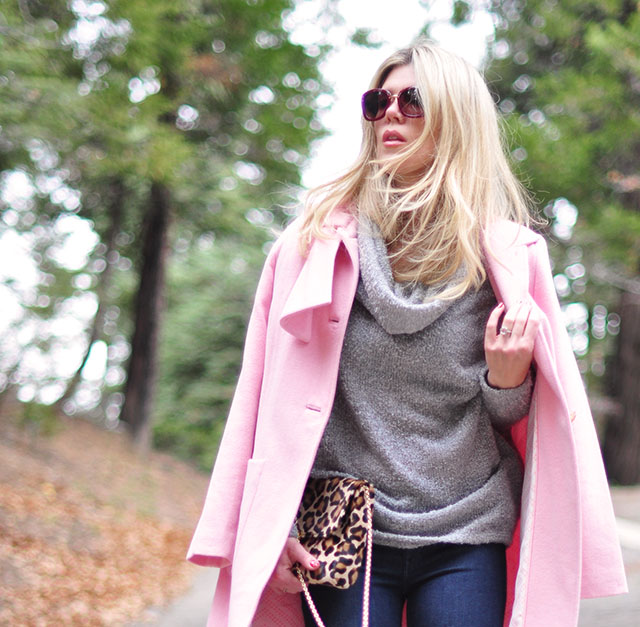 pink coat-jeans-gray sweater-leopard bag