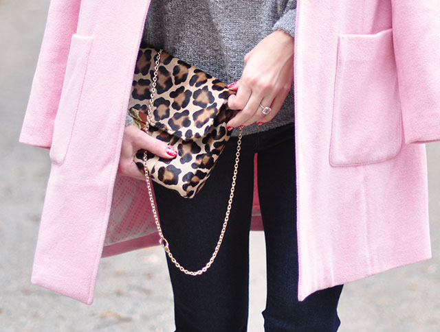 pink coat-leopard print bag