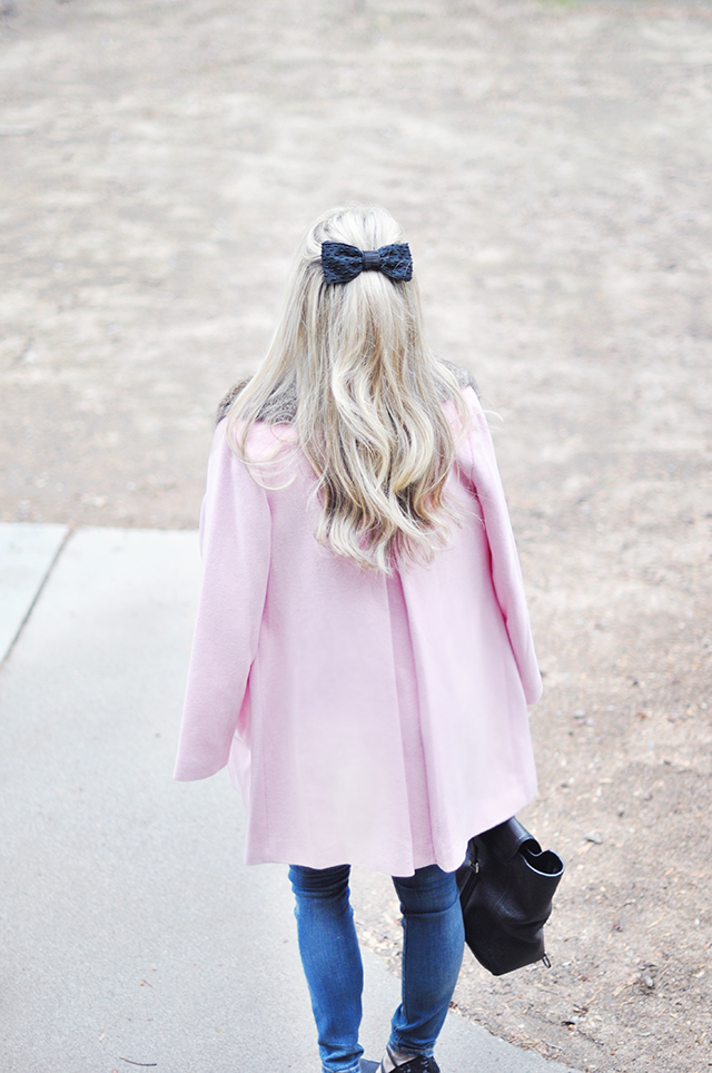 pink coat_half up hair bow