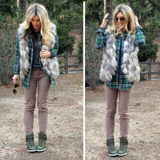 plaid and faux fur with sneaker wedges