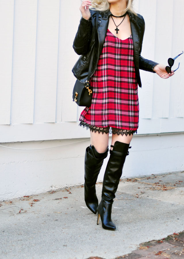 plaid dress with lace trim - over the knee boots-moto jacket