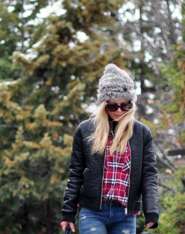 plaid shirt_leather bomber jacket_snow style iin the mountains