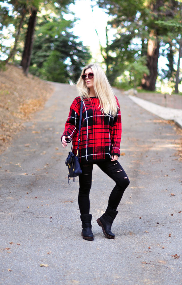 plaid sweater- ripped black jeans