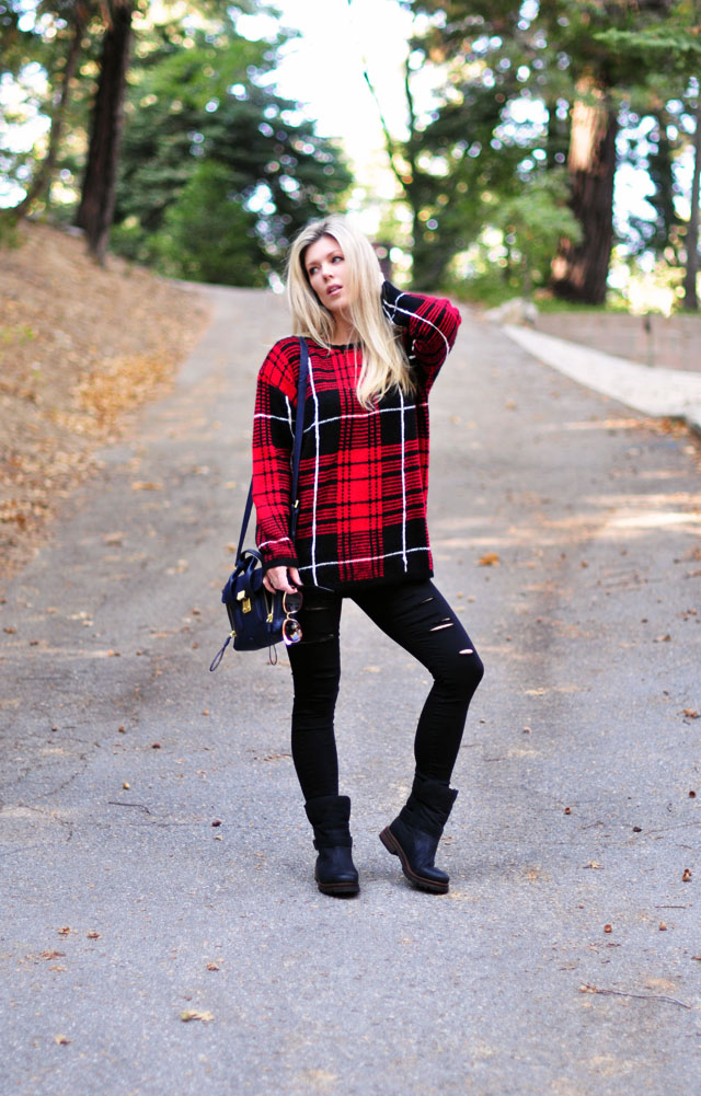plaid sweater- ripped jeans-black boots
