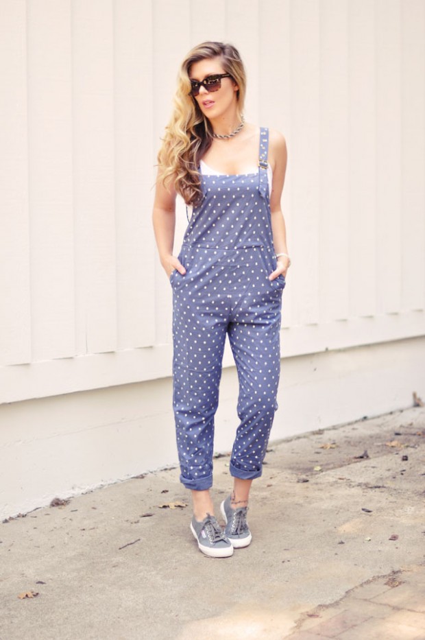 polka dot overalls-sneakers- hair