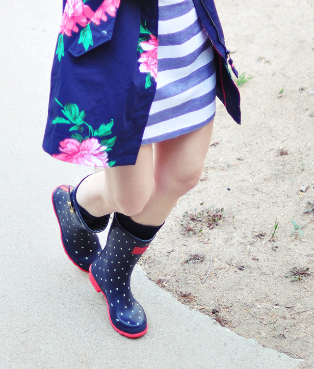 polka dot rain boots + floral rain coat + joules