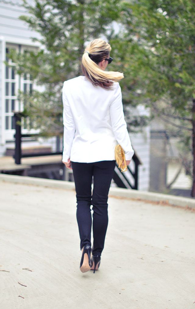 ponytail-white blazer-black pants