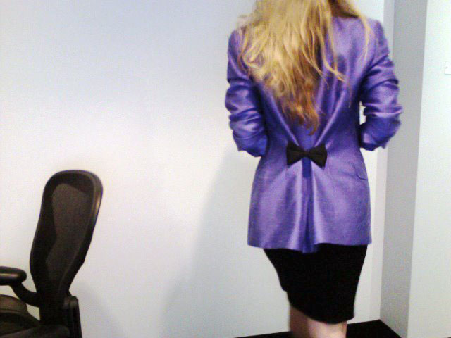 purple blazer-tshirt and pencil skirt bow in the back