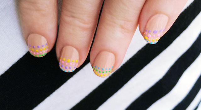 rainbow dot nails - striped background