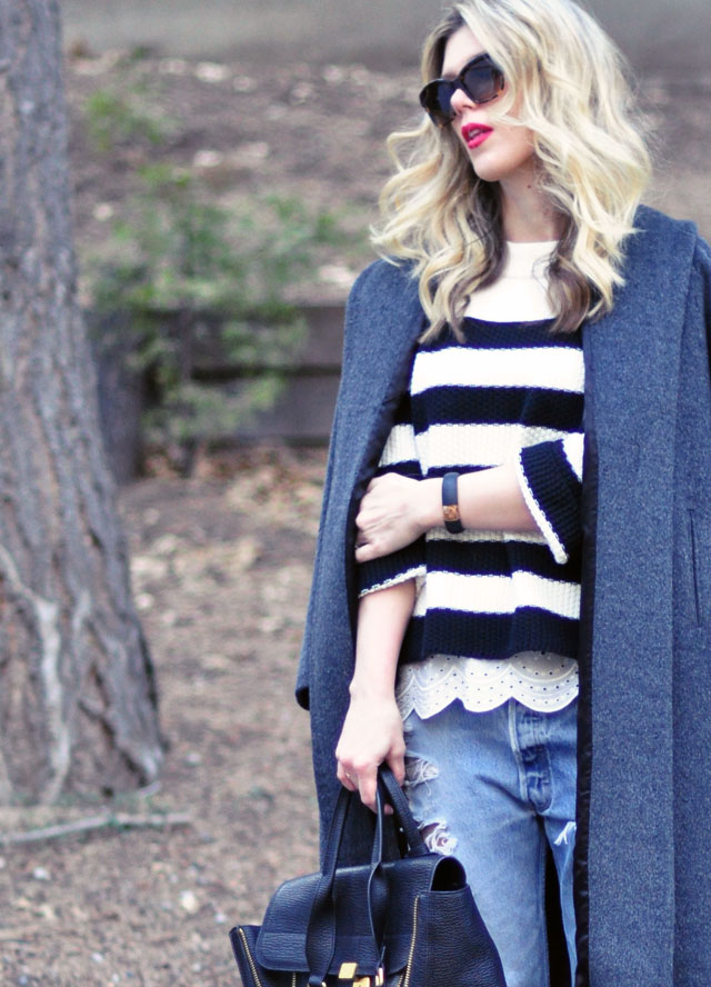 red lips-blonde waves- striped sweater